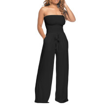 Macacão feminino casual, cor sólida, sem alças, modelagem solta, pernas largas, cordão na cintura, com bolsos, caimento relaxado, confortável