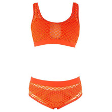 Udhulet fiskenet bikinisæt til kvinder højtaljet badedragt i ensfarvet badetøj sexet slankende hult net split strandsæt orange