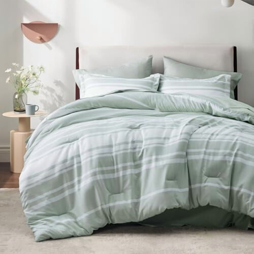 Twin Comforter Set Sage Green Striped Reversible 5-Piece