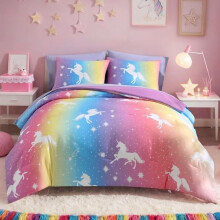 Juego de edredón individual para niñas y niños - Juego de ropa de cama individual de 5 piezas con estampado de unicornio arcoíris para niñas y