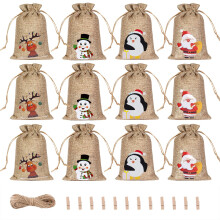 Petits sacs de Noël en toile de jute à cordon, 7 x 5 pouces, sacs cadeaux en lin pour les fêtes (12/24 pièces)