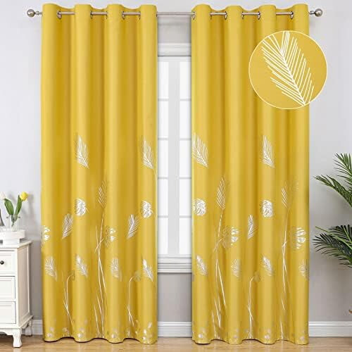 Yellow blackout curtains with silver palm pattern, 52x84