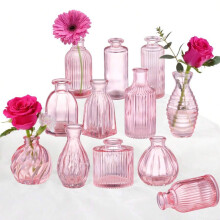 12 Small Pink Glass Bud Vases with Ribbed Design