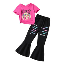 Toddler Girls Outfits, Kids Girl Clothes, Fashion Girls' Short Sleeved Round Neck Top Casual Pants Two-Piece Set, Hot Pink, 10 Years