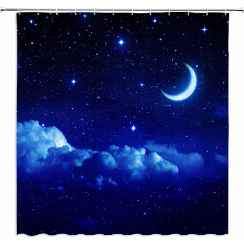 Moon Starry Shower Curtain – Dark Blue Galaxy, Polyester,
