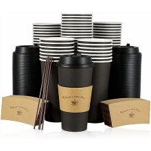 Paquete de 50 vasos de papel negro de 20 oz para café con tapas, fundas y agitadores – Compatibles con chocolate caliente y más