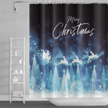 Weihnachtsduschvorhang 84x72 Zoll – Weißes Rentier-, Weihnachtsmann- und Schlittenmotiv mit Glitzerpunkten, Kiefernwald- und Elch-Bokeh –
