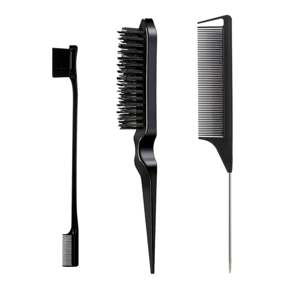 Unisex 3Pcs Hair Styling Comb Kit: Double-Sided Edge Control, Teasing & Rat Tail Brush For Braiding, Slicking, Back Combing