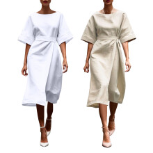 Abiti estivi da donna 2025, abiti taglie forti, abito midi da lavoro vintage da donna con maniche medie e arricciature, beige, taglia S