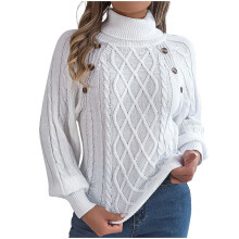 Damen-Pullover mit hohem Kragen, Zopfmuster, langen Ärmeln, einfarbig, locker geschnitten, Freizeitpullover 2024