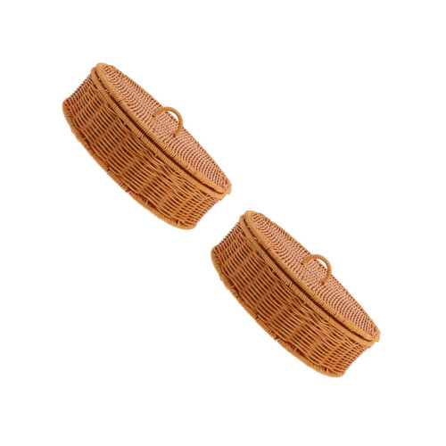 2Pcs Large Capacity Plastic Iron Woven Baskets with Lid Light Brown 2