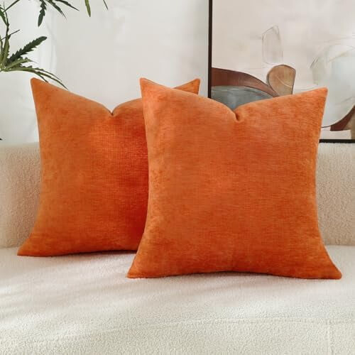 Capas de almofada decorativas em chenille laranja vibrante, macias, para sala de estar, conjunto com 2 unidades, 45x45 cm (18x18 polegadas). 1
