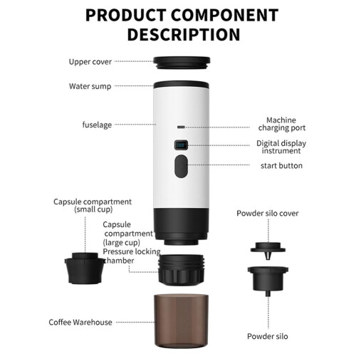 Bærbar espressomaskine, 24 cm, 90 ml, 2600 mAh 2