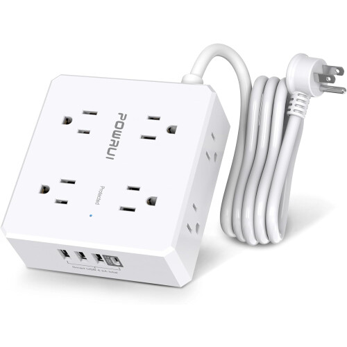 Sur Protector Power Strip: 6ft Flat Plug, 8 Outlets + 4 USB (1C), 3-Side Extender, White, ETL Listed