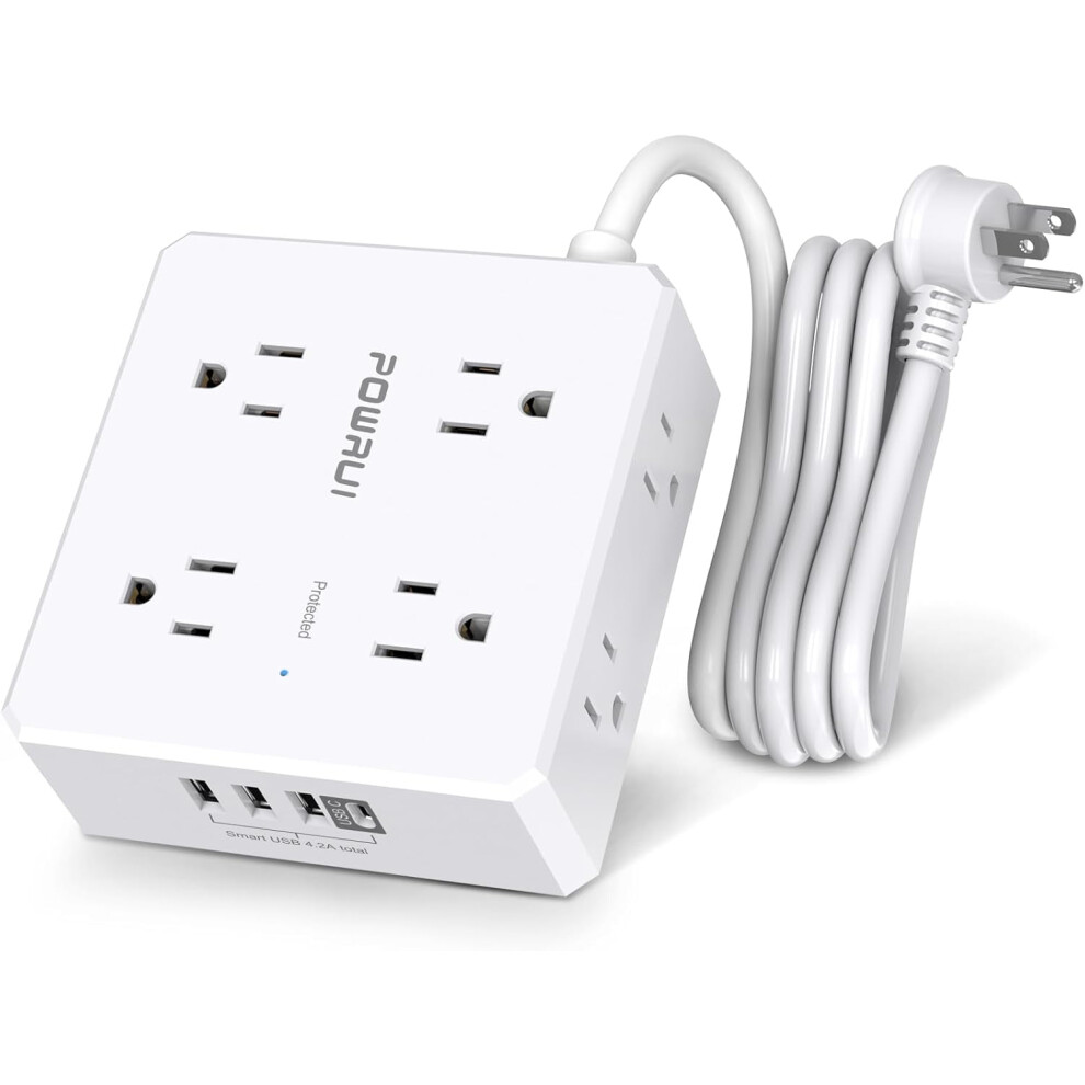 Sur Protector Power Strip: 6Ft Flat Plug, 8 Outlets + 4 Usb (1C), 3-Side Extender, White, Etl Listed 9555307445227