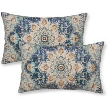 Housses de coussin lombaire bohèmes 30 x 50 cm, lot de 2, motif ethnique en lin bleu et jaune pour canapé, fauteuil et extérieur – Compatibles