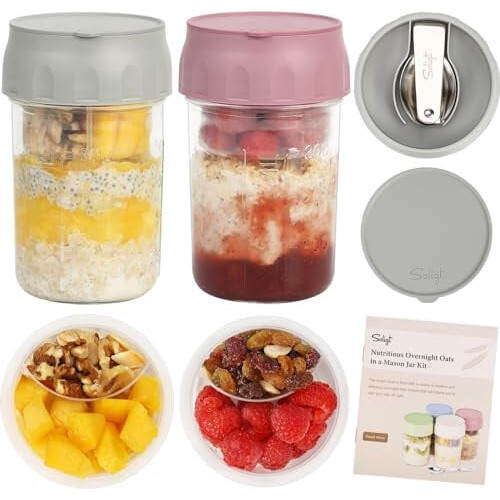 16oz Overnight Oats Jars with Lids, Folding Spoon & Divided