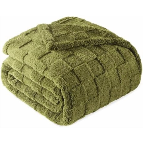 King Size Flannel Blanket, Microfiber Checkered, Olive Green