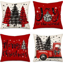 Fundas de almohada navideñas de 40x40 cm, juego de 4, cuadros rojos y negros, diseño de camión y árbol de granja, copo de nieve y "Alegría para