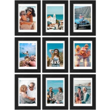 4x6 Picture Frames Set of 9, Shatter-Resistant Plexiglass, Compatible with 3.5x5 (with mat) or 4x6 (no mat), Engineered Wood, Black