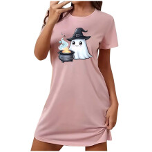 Halloween-Party-Must-have: Plus-Size-Schlafkleid mit Cartoon-Print, kurzen Ärmeln, Rundhalsausschnitt, weichem Polyester-Spandex-Gemisch (Größen