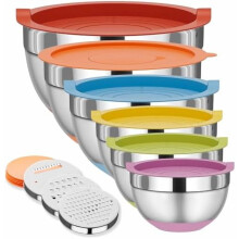 6-Pc Stainless Steel Mixing Bowls with Lids, Nesting, 3 Graters & Non-Slip Bottoms (1.1–5.5 QT)