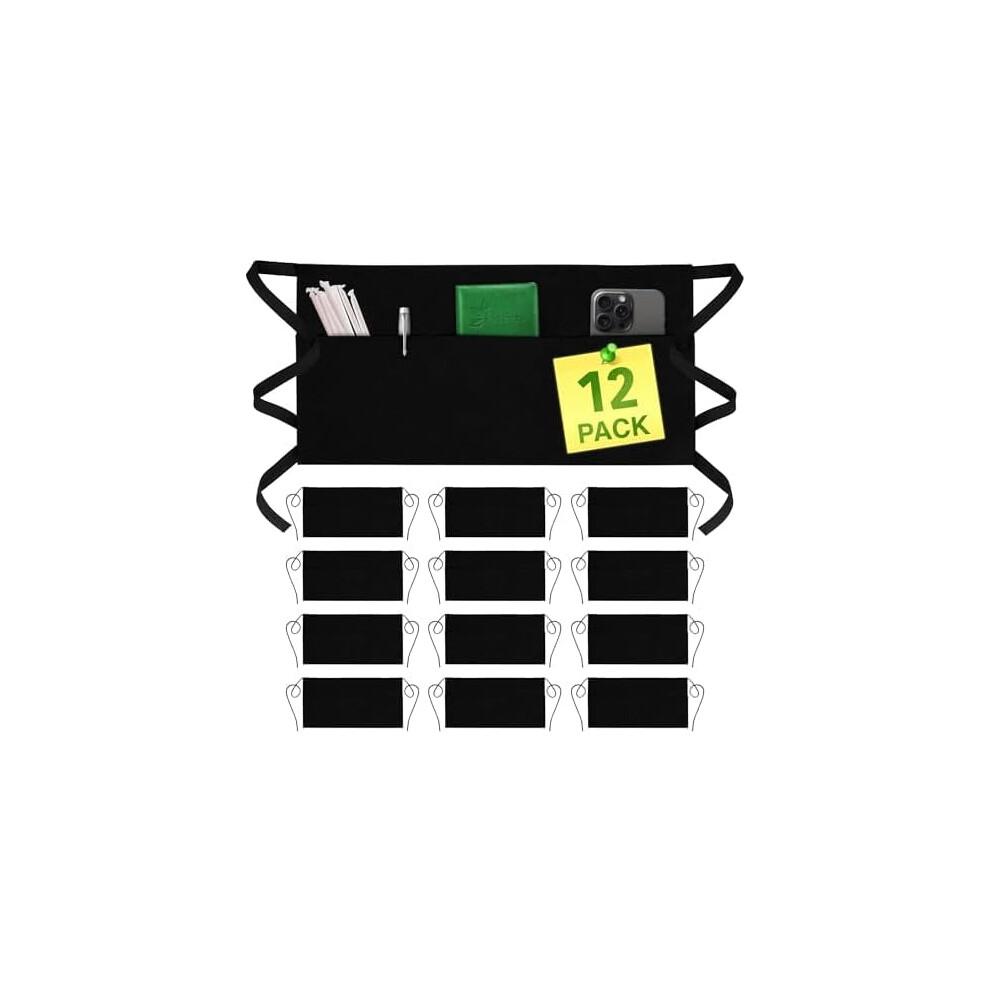 Server Aprons With 3 Pockets, Water-Resistant, Reinforced Seams, Long Waist Strap Â Half Apron (12 Pack, Black) 9402001040848