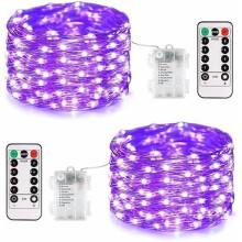 Set van 2 LED-lichtslingers op batterijen, 200 LED's, 20 meter lang, paars, 8 standen + afstandsbediening, decoratie voor binnen en buiten –