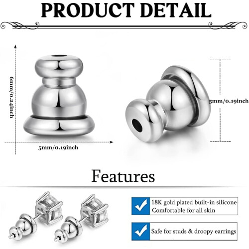 Hypoallergenic 18K Gold Bullet Earring Backs for Studs, Secure Locking Backs for Sensitive Ears (Silver, 8 PCS), compatible with most studs 1