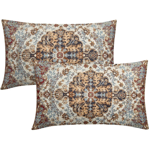 Μαξιλαροθήκες Boho 12x20", Vintage οσφυϊκές θήκες, σετ 2 τεμαχίων, σε καφέ/μπλε/καφέ χρώμα