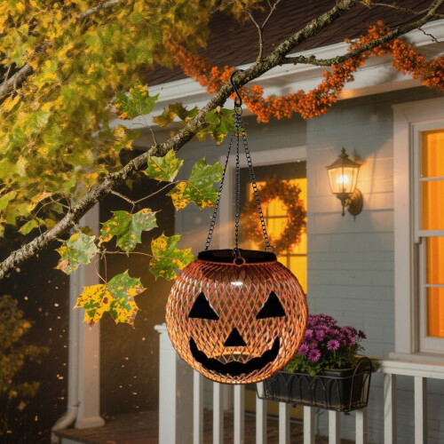 Solar Pumpkin Lantern, Red Metal Hanging Lantern, 1 Pack