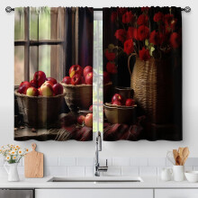 Rideaux de cuisine style ferme, motif pommes et fruits – Rideaux courts rustiques vintage à fleurs, passe-tringle, 2 panneaux (71 x 61 cm),