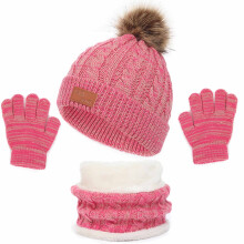 Kids Toddlers Winter Knit Warm Beanie Hat Scarf Gloves Set for Boys Girls Age 1-11 Years, Pompom Cap Neck Warmer Gloves Fleece Lined