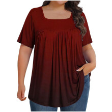 VERUGU Blusas de tallas grandes para mujer, de verano, modernas, con degradado de color, plisadas, de manga corta, cuello cuadrado, informales,