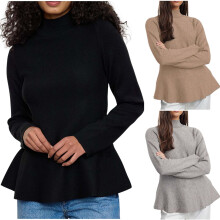 Damenpullover, Herbstblusen für Damen, Modischer, einfarbiger, langärmeliger Strickpullover mit Stehkragen für Damen, Schwarz, Größe M