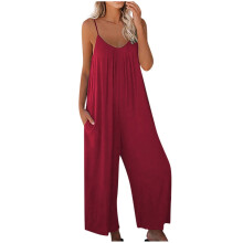 Macacão feminino QLEICOM, solto, sem mangas, com alças finas ajustáveis, calça comprida elástica com bolsos, vermelho, tamanho XXL (EUA 14).