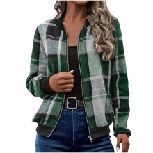 Jackor för kvinnor2025Mode Casual Dragkedja Flanell Rutig Jacka Långärmad Baggy Ytterkläder Kappa Höstkläder Grön, XL