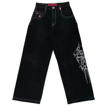 Jean homme délavé style années 2000, pantalon en denim noir à taille haute, coupe ample et broderie graphique, style streetwear, taille XL.
