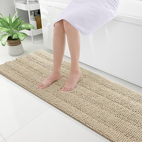 Chenille Striped Bath Mat 59x20 in Beige