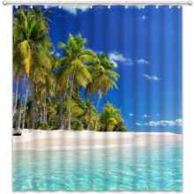 Dusjforheng med plastkroker, havstrand, blå himmel, tropisk havbølger, hvit sky, sjølandskap, hawaii, sommer, natur
