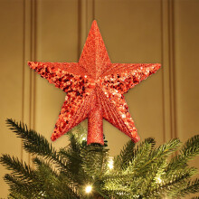 Christmas Tree Topper Star, Small Gold Red Sequins Design, Five-Pointed Tree Top Accessory Decor