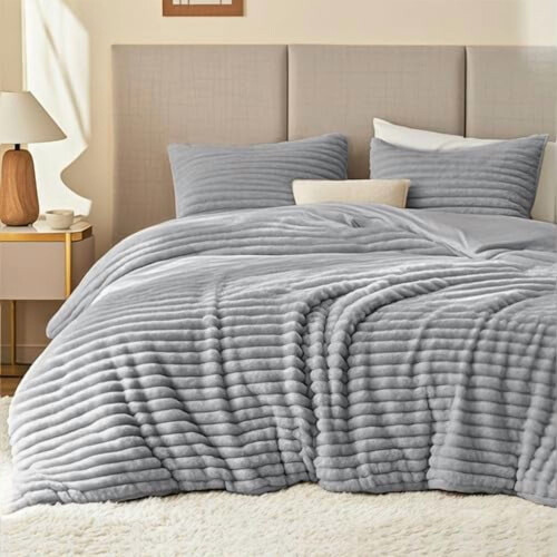 Fluffy Twin Comforter Set Light Gray Fleece 2-Piece