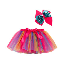 Mini tutu rokje voor peutermeisjes, schattig feestrokje met regenboogkleurige netstof, pailletten en tule, strik en haarspeld, felroze.