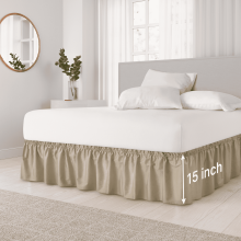 Jupe de lit plissée enveloppante pour lit simple (hauteur de 38 cm), avec sangle élastique facile à installer. Couleur : beige.
