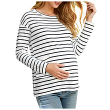 Blusa de maternidade feminina com bolso lateral, manga comprida, gola redonda, modelagem solta, ideal para a primavera e para gestantes. Cor branca,