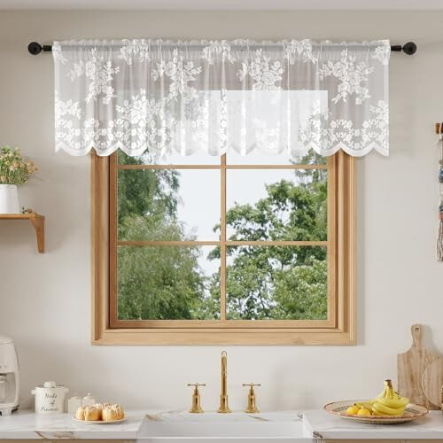 Weiße, florale Spitzengardinen, 2er-Pack, 132 cm breit  46 cm lang