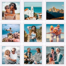 Lot de 9 cadres photo 20x20 cm, plexiglas incassable, format 10x10 cm avec passe-partout ou 20x20 cm sans passe-partout, fixation murale, bois