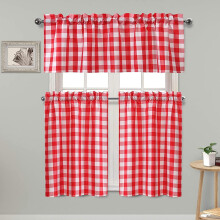 3 Piece Semi Sheer Kitchen Curtains - Light Filtering Buffalo Plaid Tier and Valance Window Curtains Set, Red and White