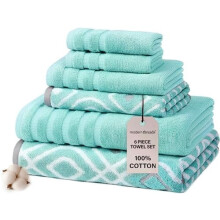 6-Piece 100% Cotton Bath Towel Set Aqua Grey White