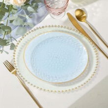 BalsaCircle 10 Round 10" Transparent Dusty Blue Glossy Disposable Salad Dinner Plastic Plates Gold Trim Party Events Decorations